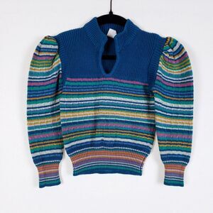 Vintage JCPenney Sweater Girls S Blue Striped Puff Sleeve 100% Acrylic